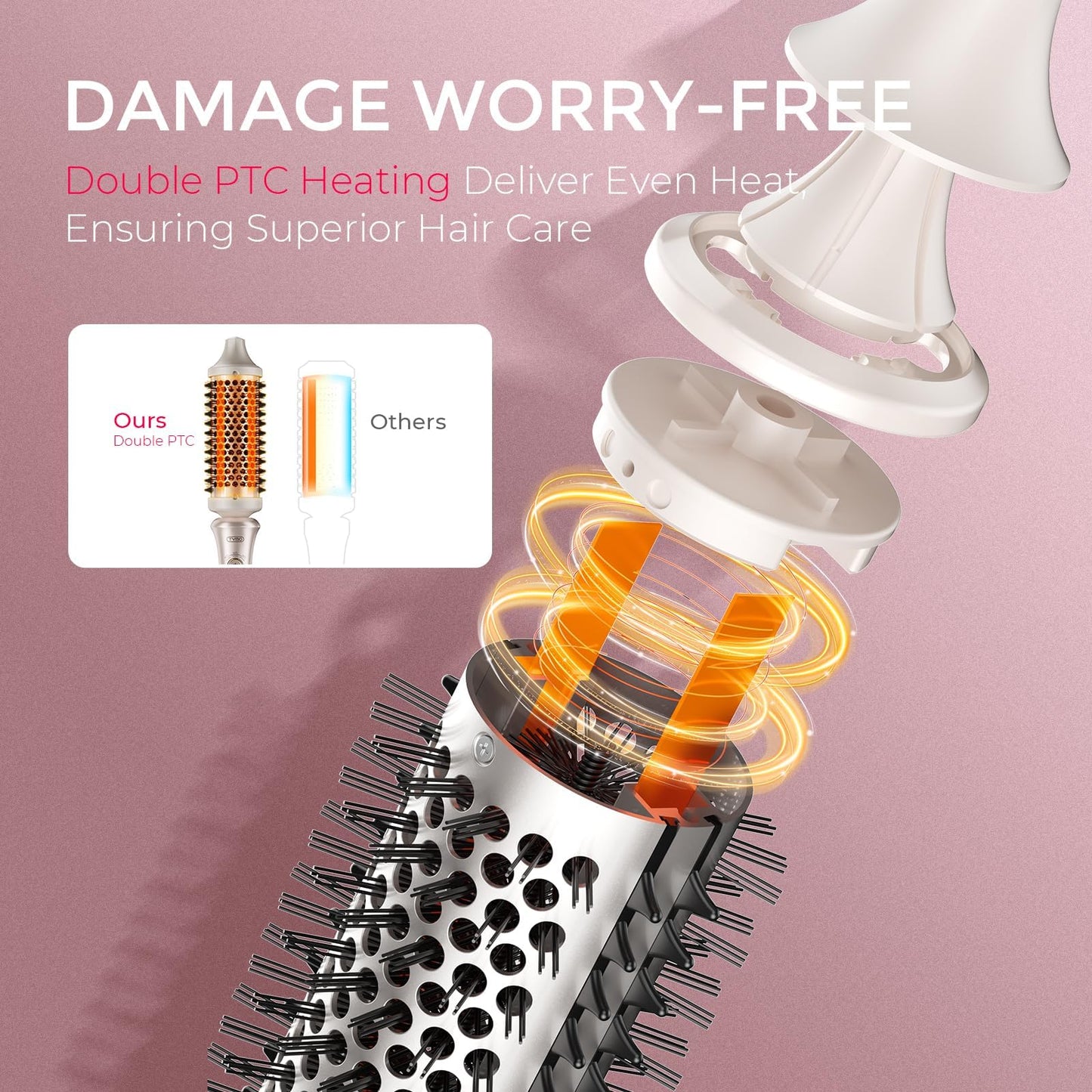 TYMO 2.0 Thermal Brush Curling Brush - STYLUX 1.7" Blowout Volumizer with Flexi-Fit for Hair Straightening, Heated Round Styler Tool, Hair Straightener and Curler 2 in 1, Dual Voltage & Light, Gold