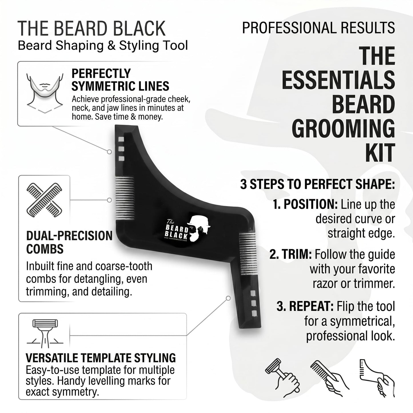 The BEARD BLACK Beard Shaping Tool & Neckline Shaper – Professional Beard Trim Guide & Stencil with Inbuilt Comb – Perfect Line Up & Edging Template for Men – Use with Trimmer or Razor