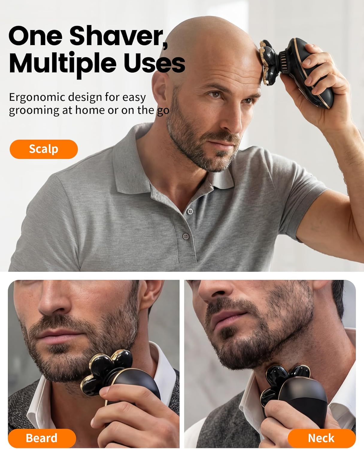 Electric Razor for Bald Men - PRITECH Type-C Charge Shaver with 6 Rotary Blades, Waterproof Grooming Kit | Turbo Speed, LED Display, Black