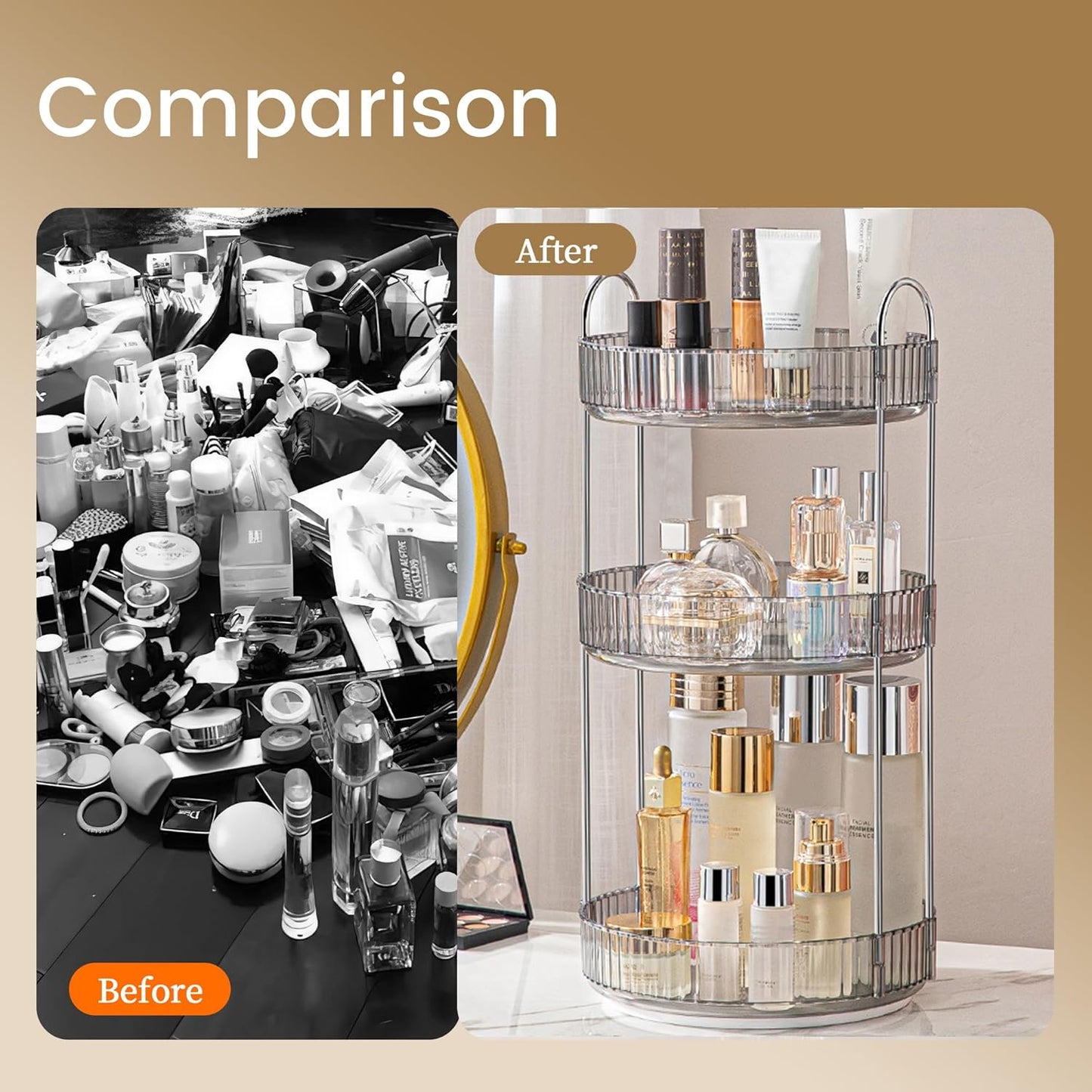 Rotating Makeup Organizer - 3 Tier Clear Cosmetic Holder for Vanity | Grey Perfume & Skincare Storage