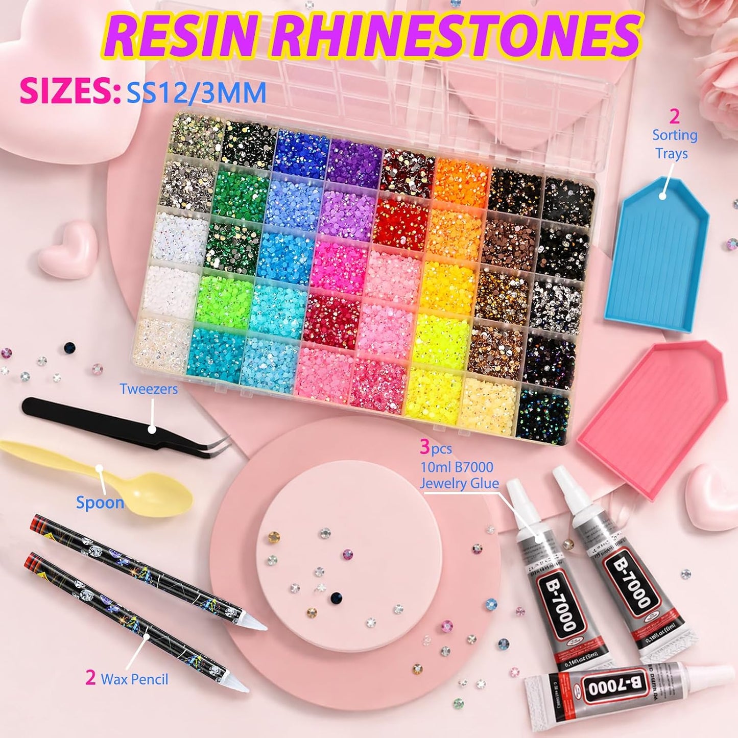 Jelly Rhinestones 36000 Pcs - 40 Colors 3MM Bedazzling Kit with 3Pcs 10ml B7000 | Diamond Art Accessories