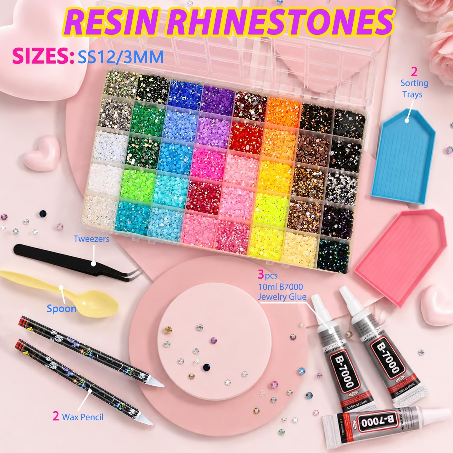 HiOKOU 36000Pcs 40 Colors Jelly Rhinestones for Bedazzling, 3MM Bedazzling Kit with 3Pcs 10ml B7000 for Diamond Art, Diamond Art Accessories