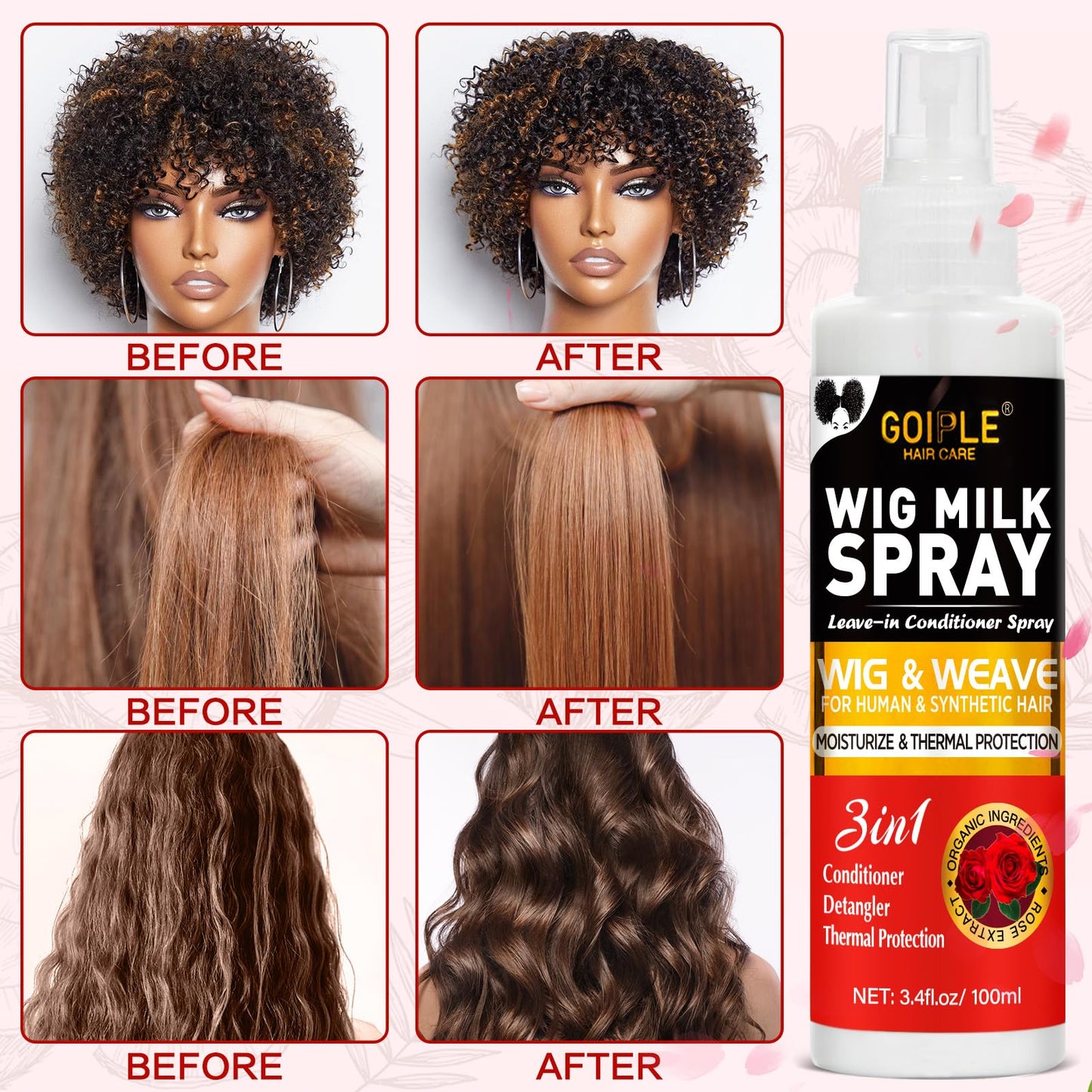 Goiple 2PCS Synthetic Wig Milk Spray, Heat Thermal Leave-In Conditioner Wig Detangler Spray for Human Wigs, Conditioner ＆ Detangler 3 in 1 Moisturizer, Synthetic Hair Wigs Easy Combing