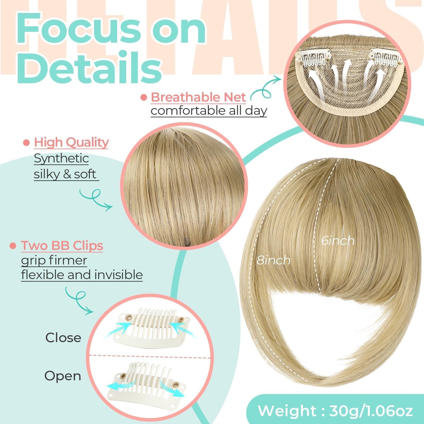 Cephermer Clip in Bangs, Synthetic French Bangs Hair Clip, Fake Bangs Fringe with Temples Hairpieces for Women Natural Curved Hair Extensions for Daily Wear Wintergreen