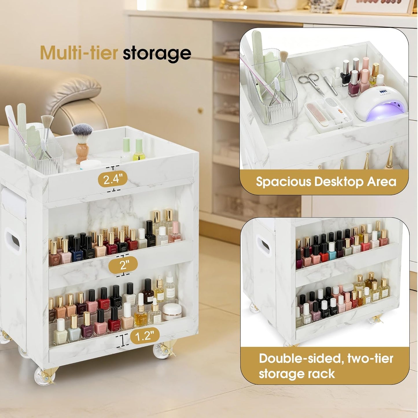 Foot Nail Cart - Mobile Pedicure Trolley with Lockable Wheels & Storage | Beauty Salon Organizer (15.7" L)