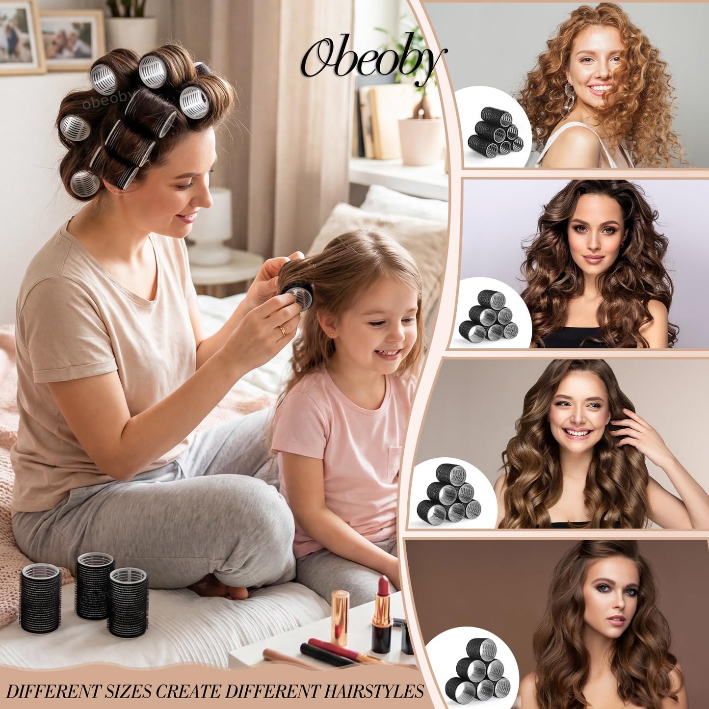 4 Sizes Self-Grip Hair Rollers Set - 50 Pcs Jumbo Curlers for Long, Short Hair and Bangs (25mm, 36mm, 48mm, 60mm) With Clips, Black