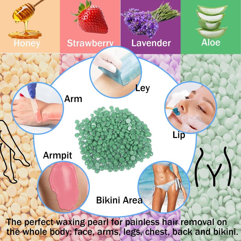 4 Colors Hard Wax Beads for Hair Removal,Gentle Hard Wax Kit with 10 Applicator Sticks,Peel-Off Waxing Beads for Facial and Full Body