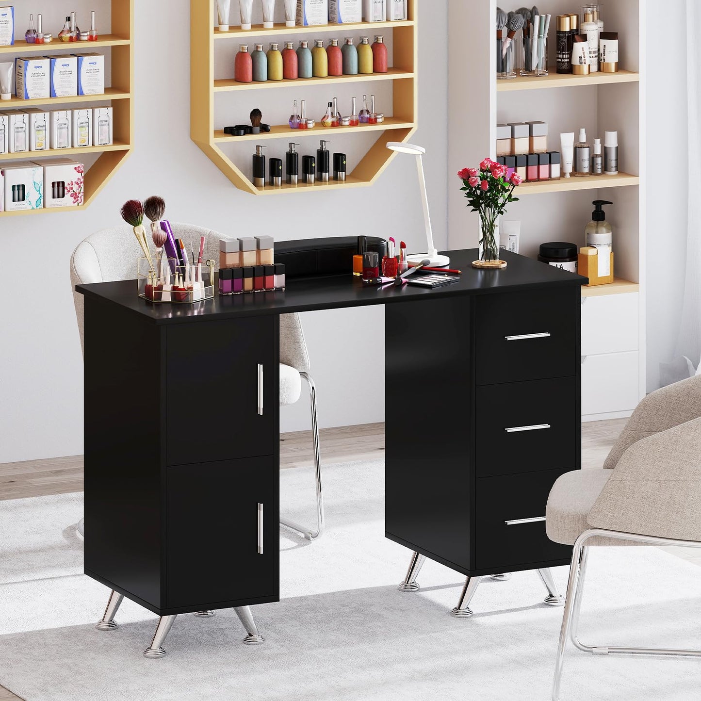 Giantex Manicure Table Nail Desk - Nail Table Station with 3 Drawers, 2 Storage Cabinet, Wrist Rest, Acetone Resistant Nail Art Workstation for Salon Beauty Home, Nail Desk for Nail Tech (Black)