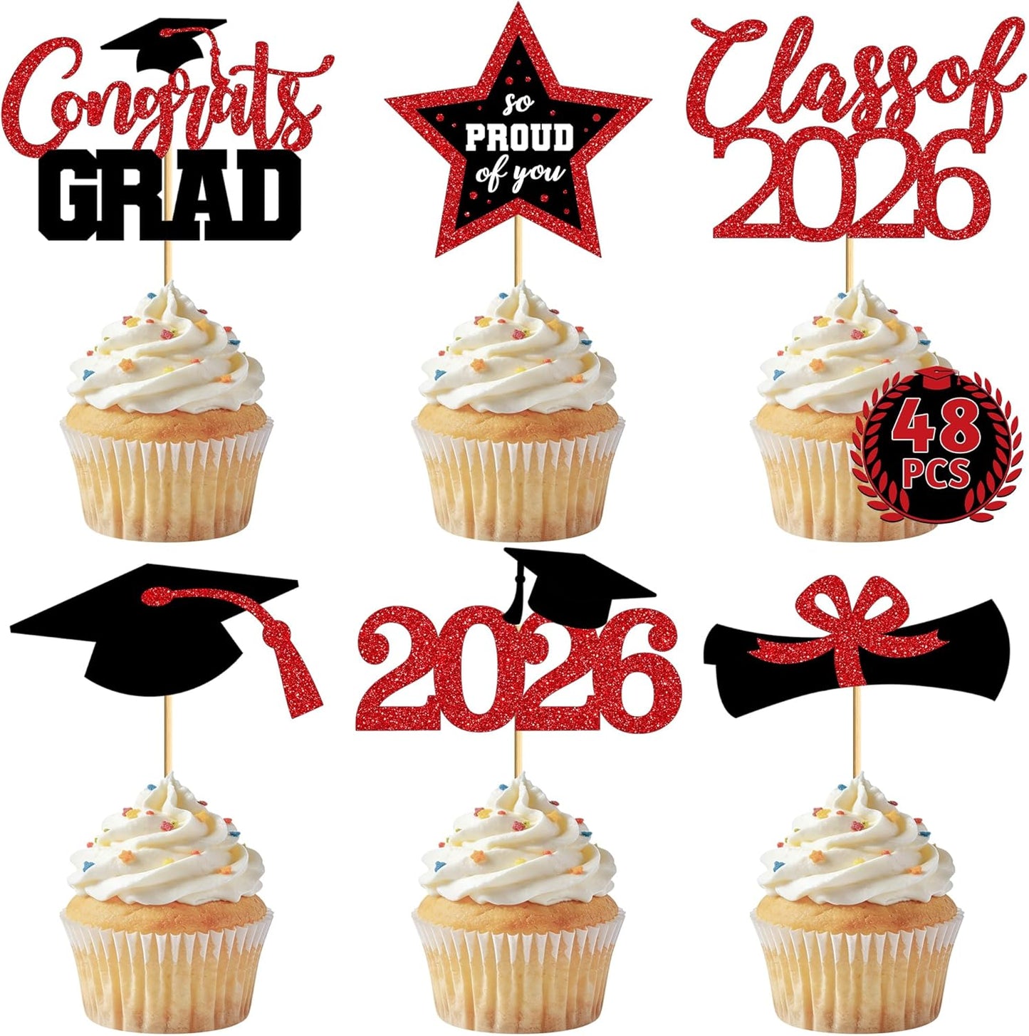 Graduation Cupcake Toppers - 48 PCS Black & Gold Congrats Grad Decorations | Glittery Cap & Diploma Picks for 2026 Party