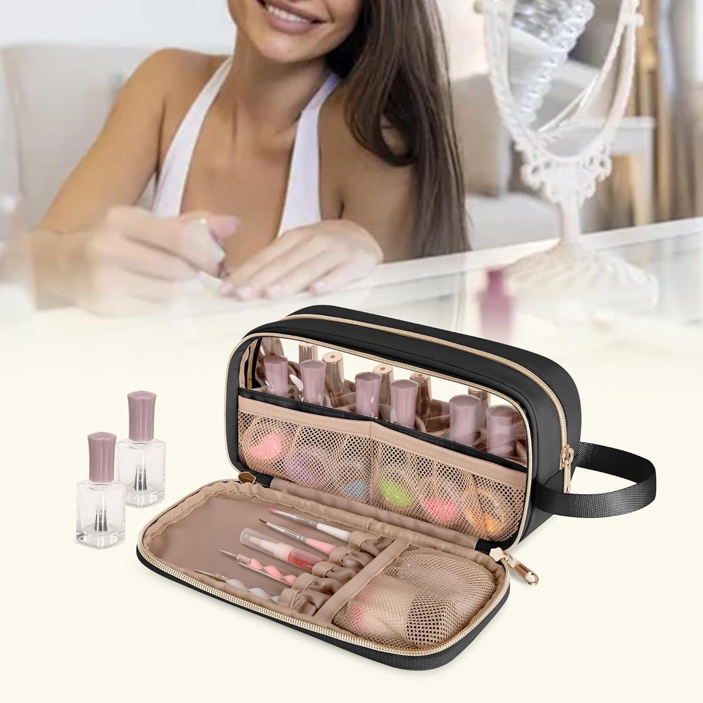 Nail Polish Organizer Case - Holds 12 Bottles (15ml) | Clear Window Storage Bag in Black