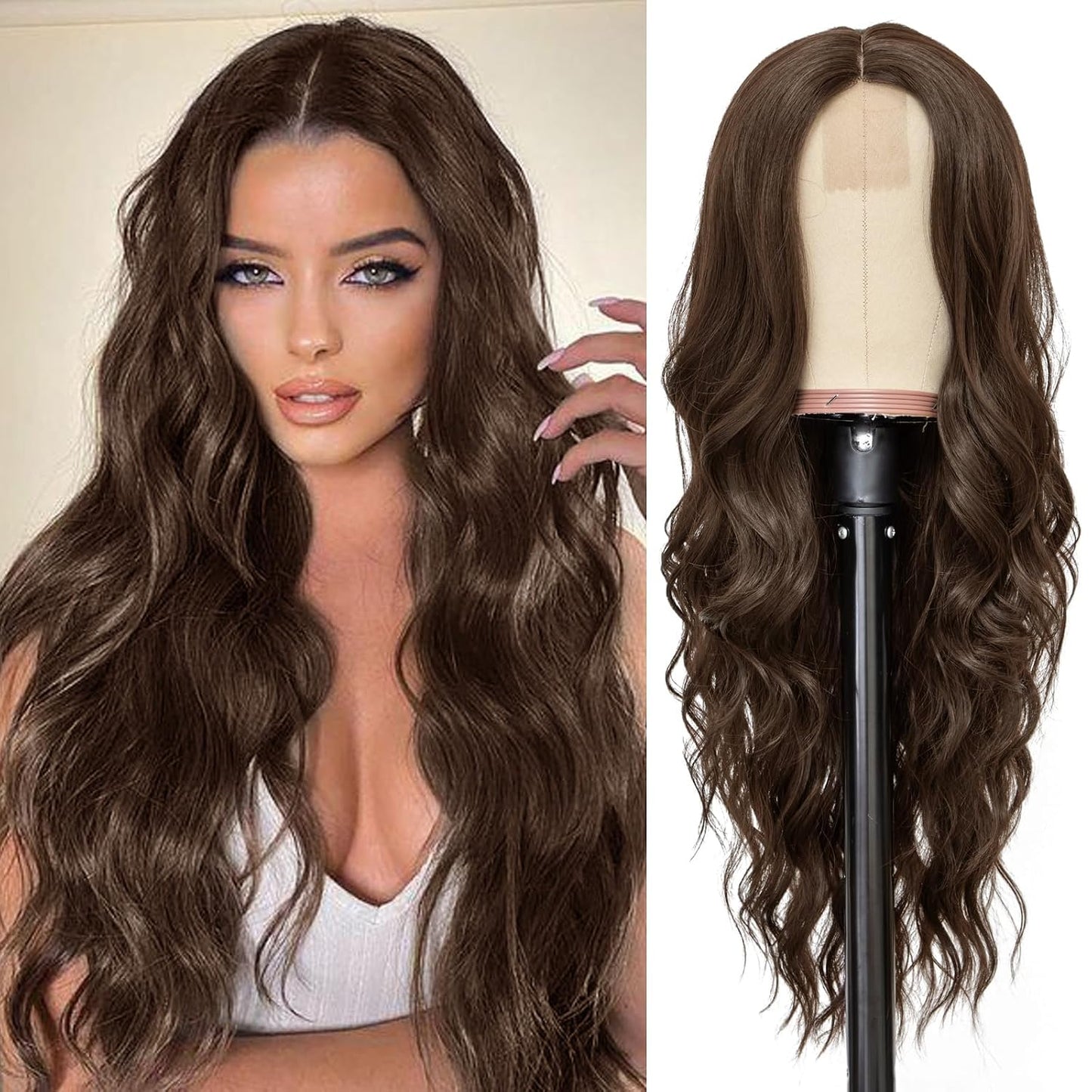 NAYOO Brown Wigs for Women - Long Curly Wavy Hair | Heat Resistant Synthetic Fiber, 24 Inches