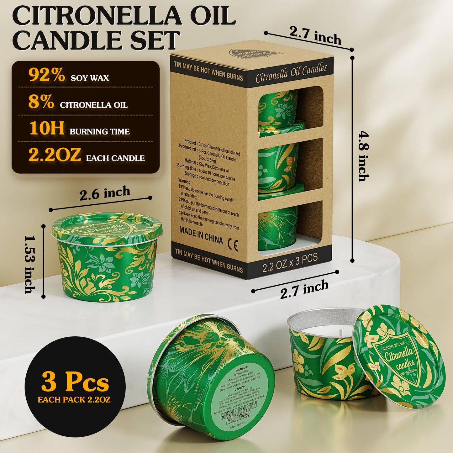 Citronella Candles Outdoor for Patio-3pcs Natural Soy Wax Portable Citronella Oil Candles in Decorative Tins, Long Lasting Summer Essentials for Camping, Backyard BBQ, Gardening & Outdoor Dining