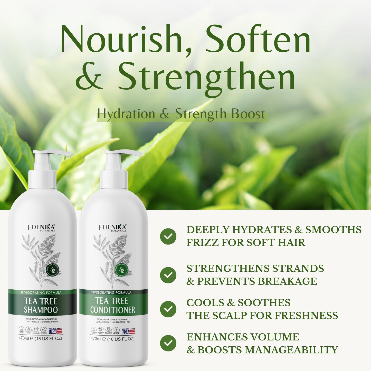 EDENIKA BOTANICALS Tea Tree Oil Shampoo and Conditioner Set, Deep Cleansing for Buildup & Oily Scalp, Soothes Itchy Scalp & Refreshes Hair, Sulfate Free, Women & Men, 16 fl oz Each