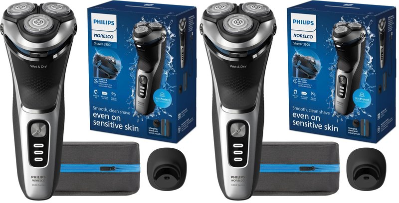 Philips Norelco Shaver 3900 Series, Wet and Dry Electric Shaver, P-Cap, Travel Pouch, Charging Stand, Storm Blue, Model S3341/92 (Pack of 2)