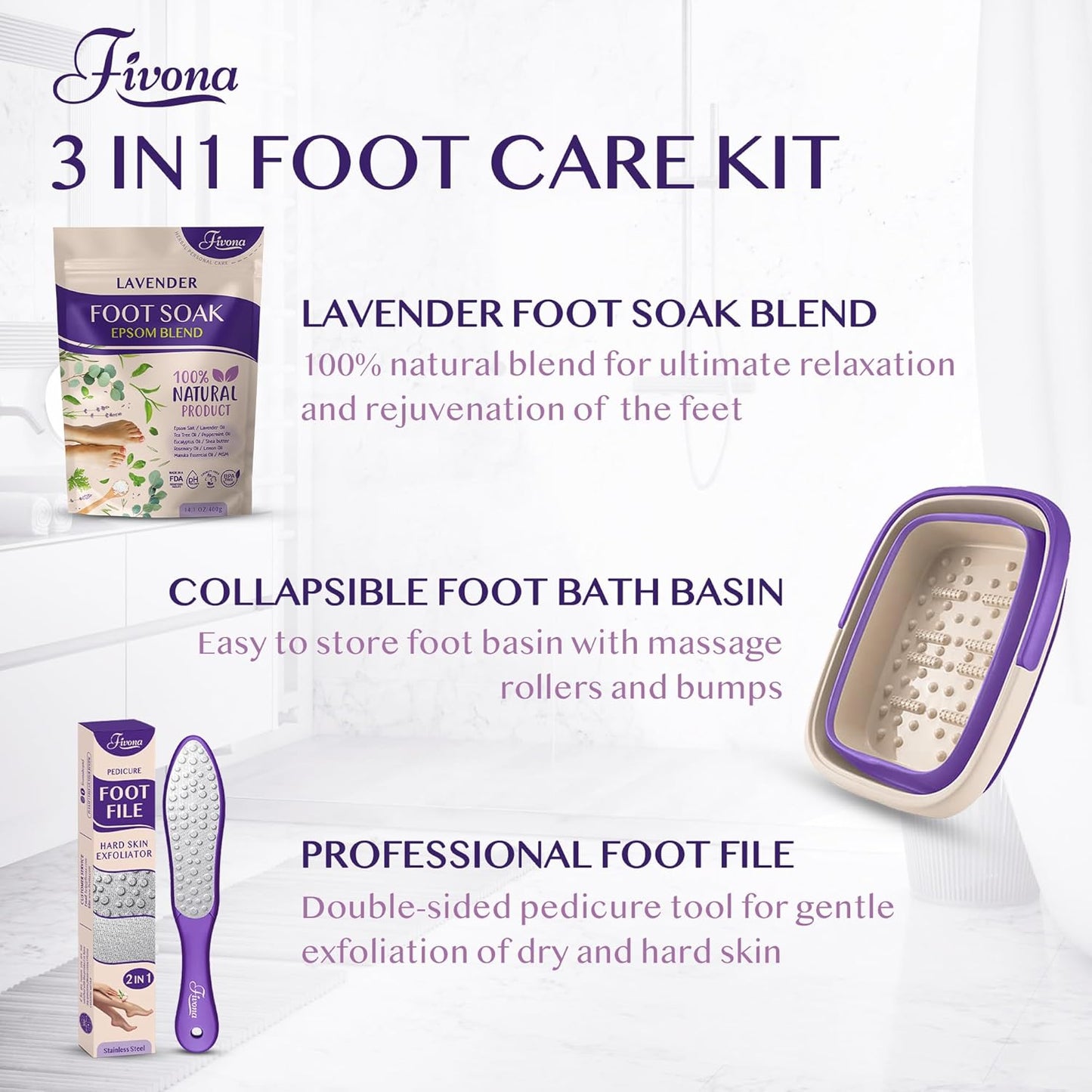 Fivona Foot Care Kit - 3-in-1 Epsom Salt Foot Soak with Lavender & Essential Oils | Collapsible Basin & Dual Action File
