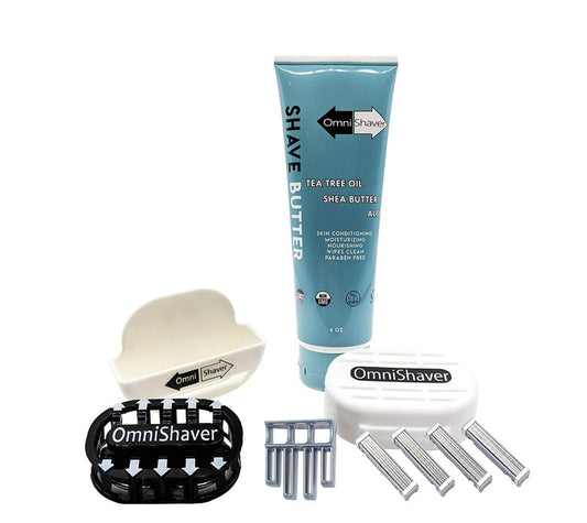 Premium Omnishaver Kit - The Fastest Way to Shave Head, Legs, Arms, Body | An Alternative to Disposable Shaving Razors Self Cleans & Strops During Use with Shave Butter & Replacement Cartridge - White