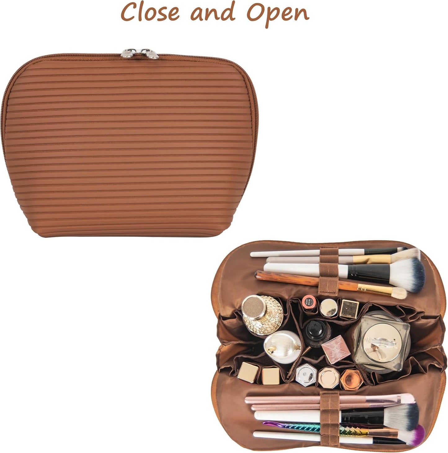 Travel Makeup Bag - Waterproof Stand Up Cosmetic Organizer with Brush Holders | Medium Brown, Fold-Down Design for Skincare & Toiletries