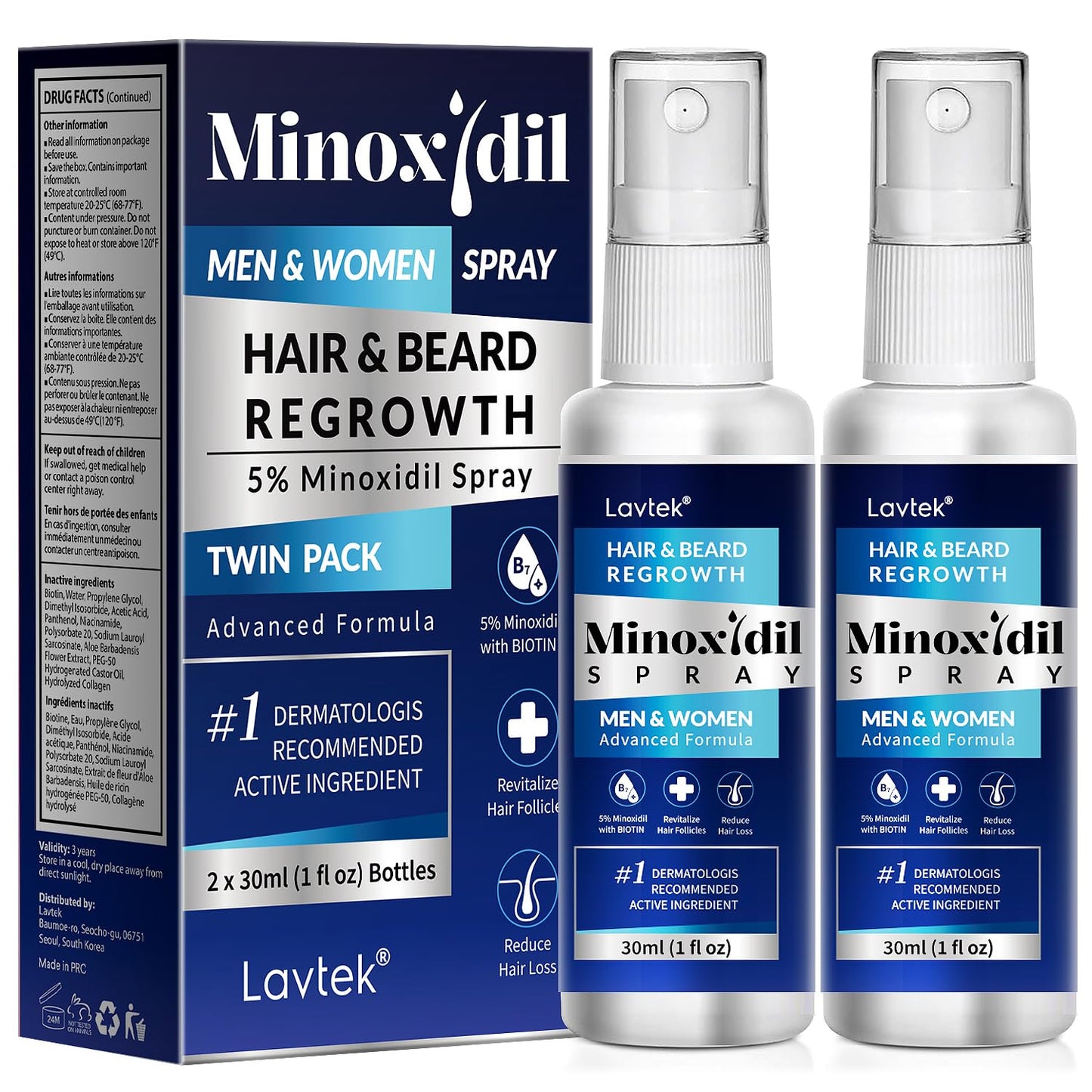 5% Minoxidil Hair Growth Treatment for Men & Women - Regrowth Spray | 2-Pack