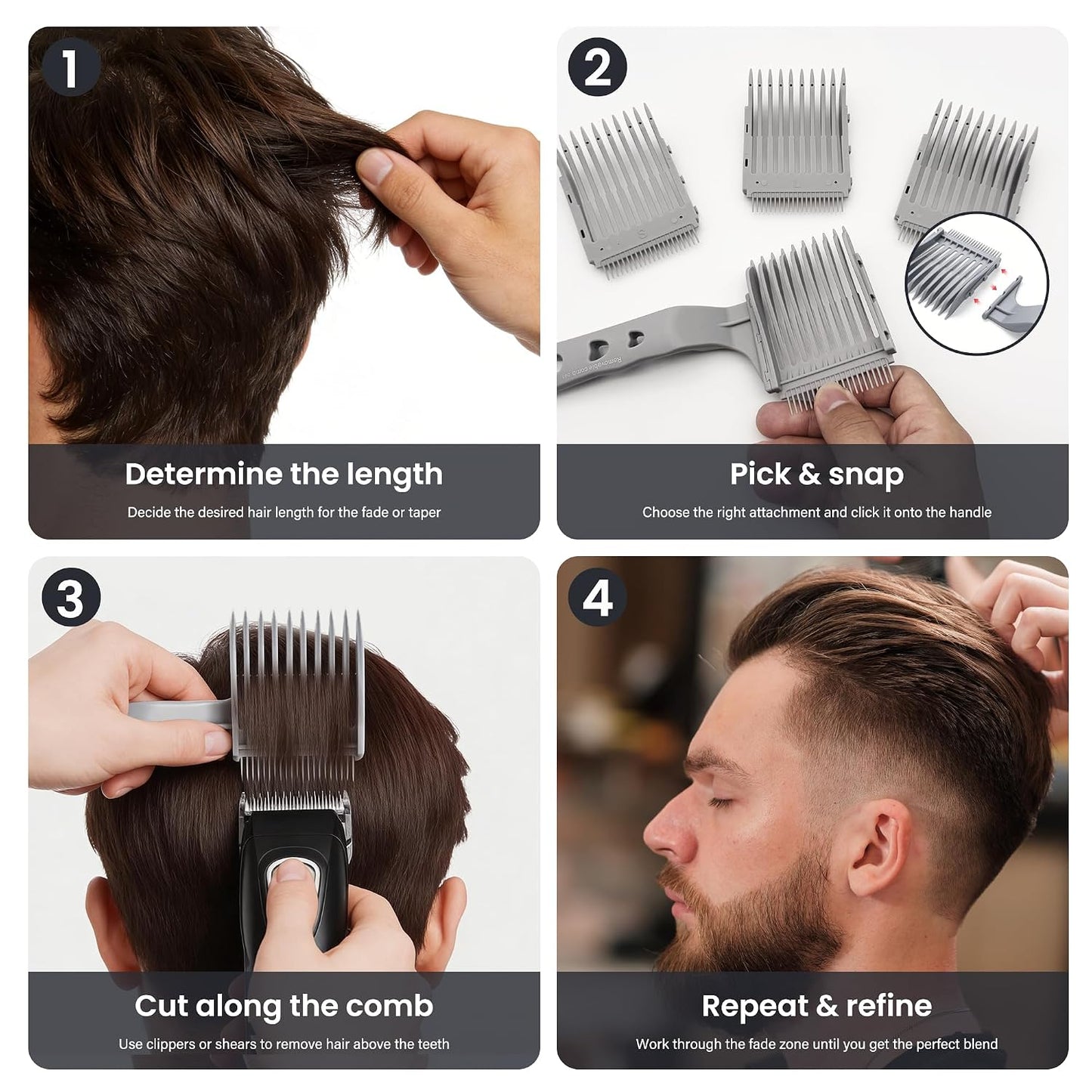 Detachable Fade Comb Set - 4-in-1 Interchangeable Barber Tools for Taper & Blend | Compatible with All Hair Clippers (Grey)