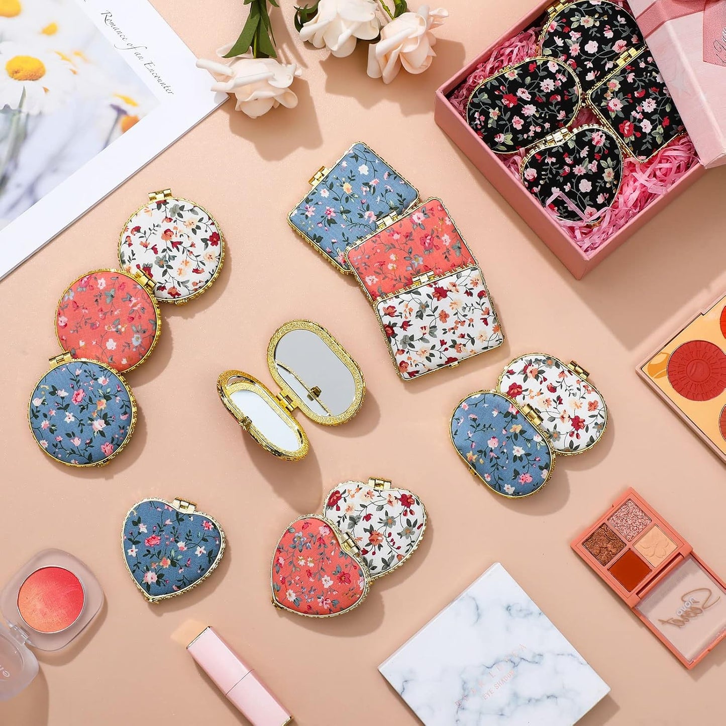 Compact Floral Pocket Mirror - 48 Pieces Portable Folding Makeup Mirror for Purse | Retro Tea Party Favors