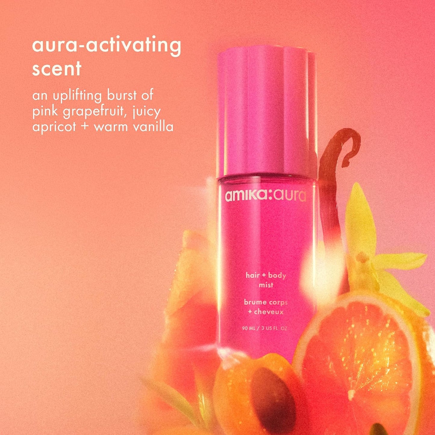 Amika Aura Hair and Body Mist - Pink Grapefruit, Juicy Apricot & Warm Vanilla Scented Spray