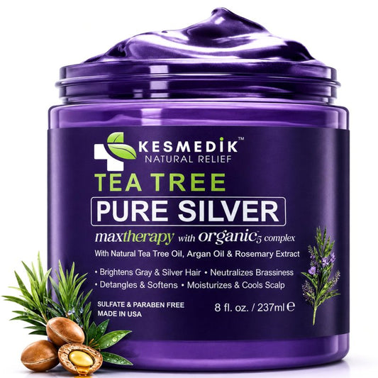 KESMEDIK Tea Tree Purple Hair Mask, Pure Silver Formula for Brassy Yellow Tones, Deep Conditioning with Tea Tree & Argan Oil for Dry Damaged Bleached, Blonde & Gray Hair, Flaky Itchy Scalp Care