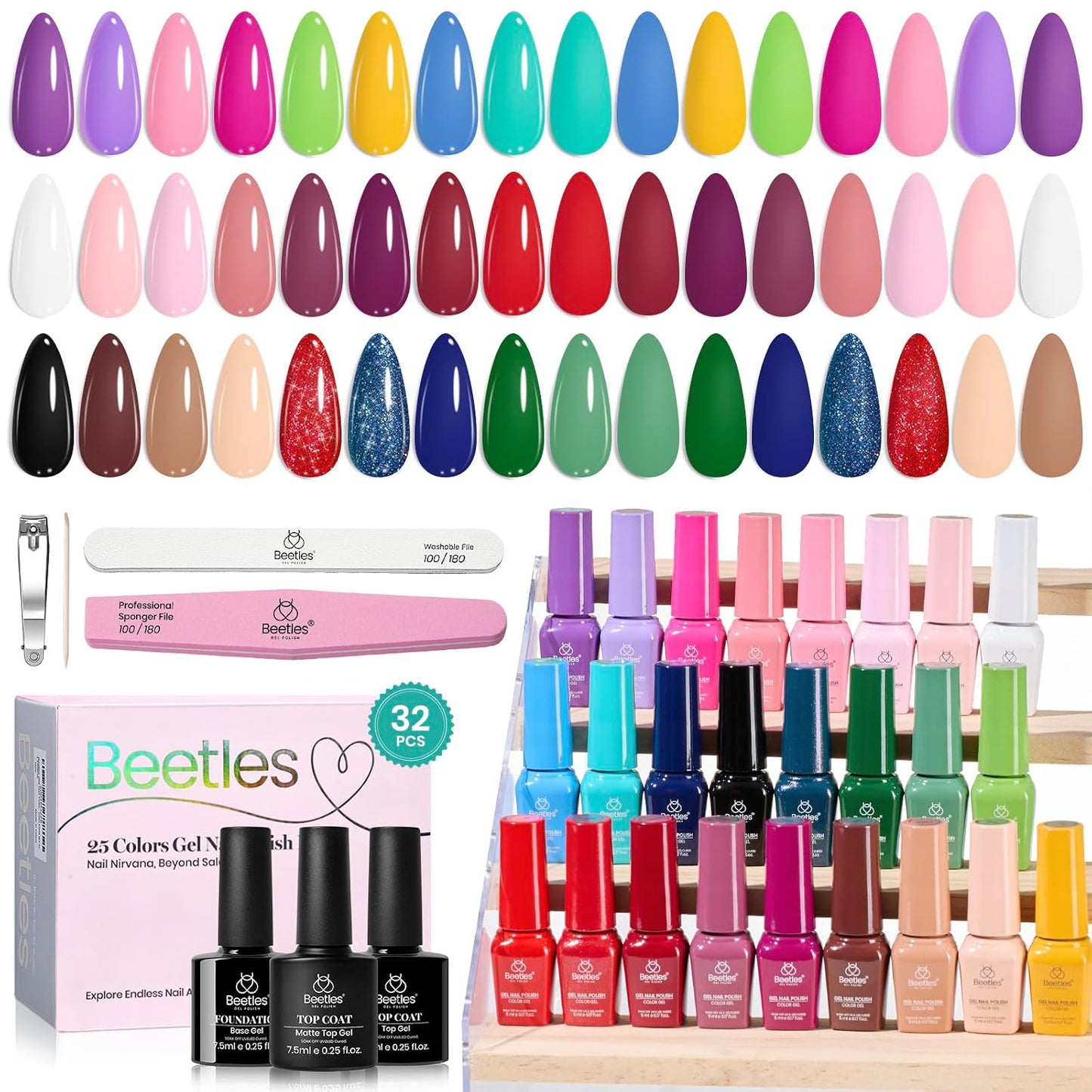 Beetles Gel Nail Polish Set - 32 Vibrant Colors | UV LED Soak Off Nail Kit with Base & Top Coat