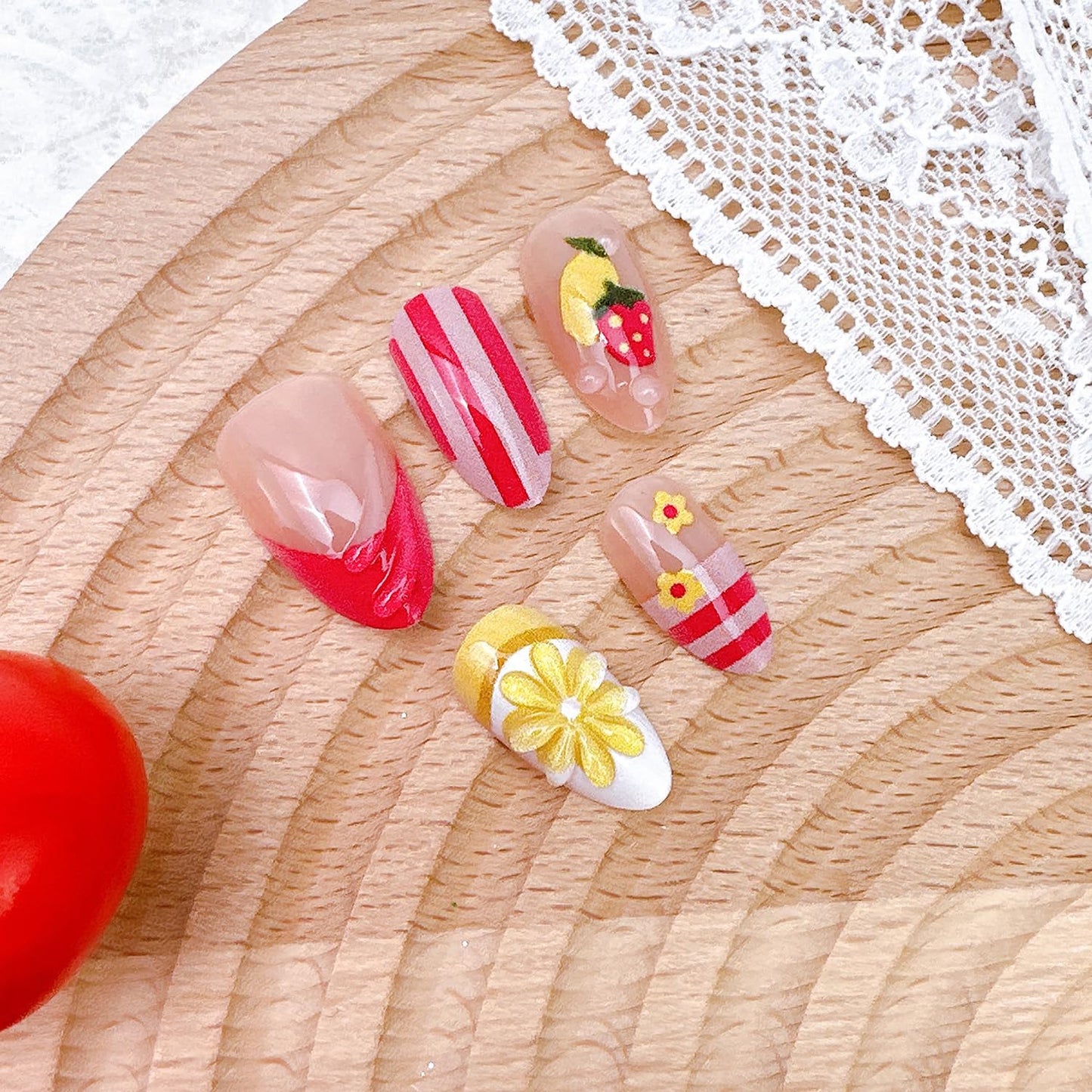 Summer Press-On Nails - 30Pcs Short Almond Floral & Fruit Designs | 3D Lemon & Strawberry Acrylic Full Cover