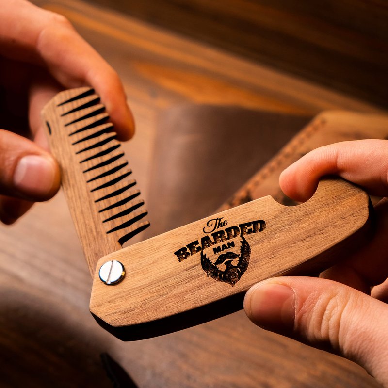 Beard Comb Personalized Gifts Anniversary Gift Wooden Brush Custom Comb Groomsmen Gift Hair Brush Pocket Brush Birthday Gift for Boyfriend (Walnut, The Bearded Man)