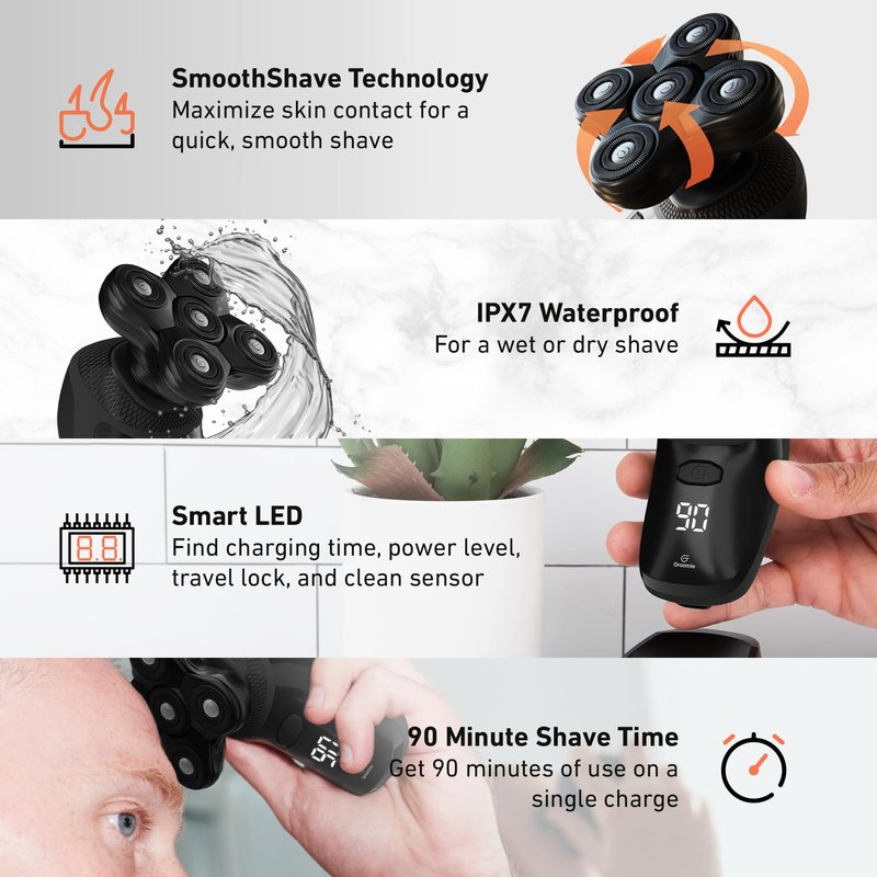 Groomie Cordless Bald Head Shavers for Men, BaldiePro Head Grooming Kit - Ergonomic & Waterproof Head Shavers for Bald Men - Electric Hair Shaver & Head Razor - Men's Rotary Shaver for Smooth Shave