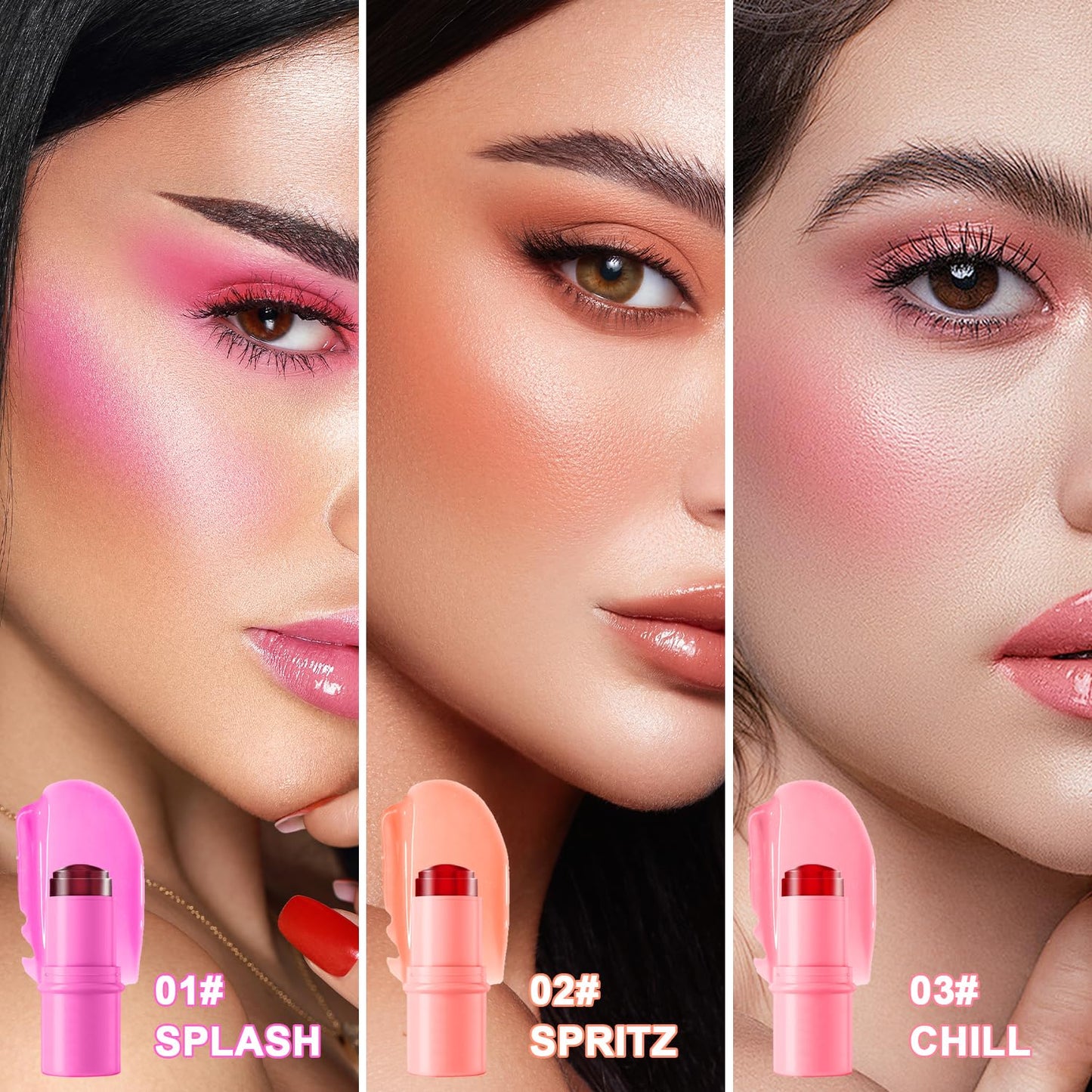 3 Pcs Jelly Blush Contour Stick for Cheeks Eyes Lips Lightweight Dewy Finish Blush Stick Waterproof Long Lasting Contour Trio Wand Face Makeup Set for Wome (3PCS)