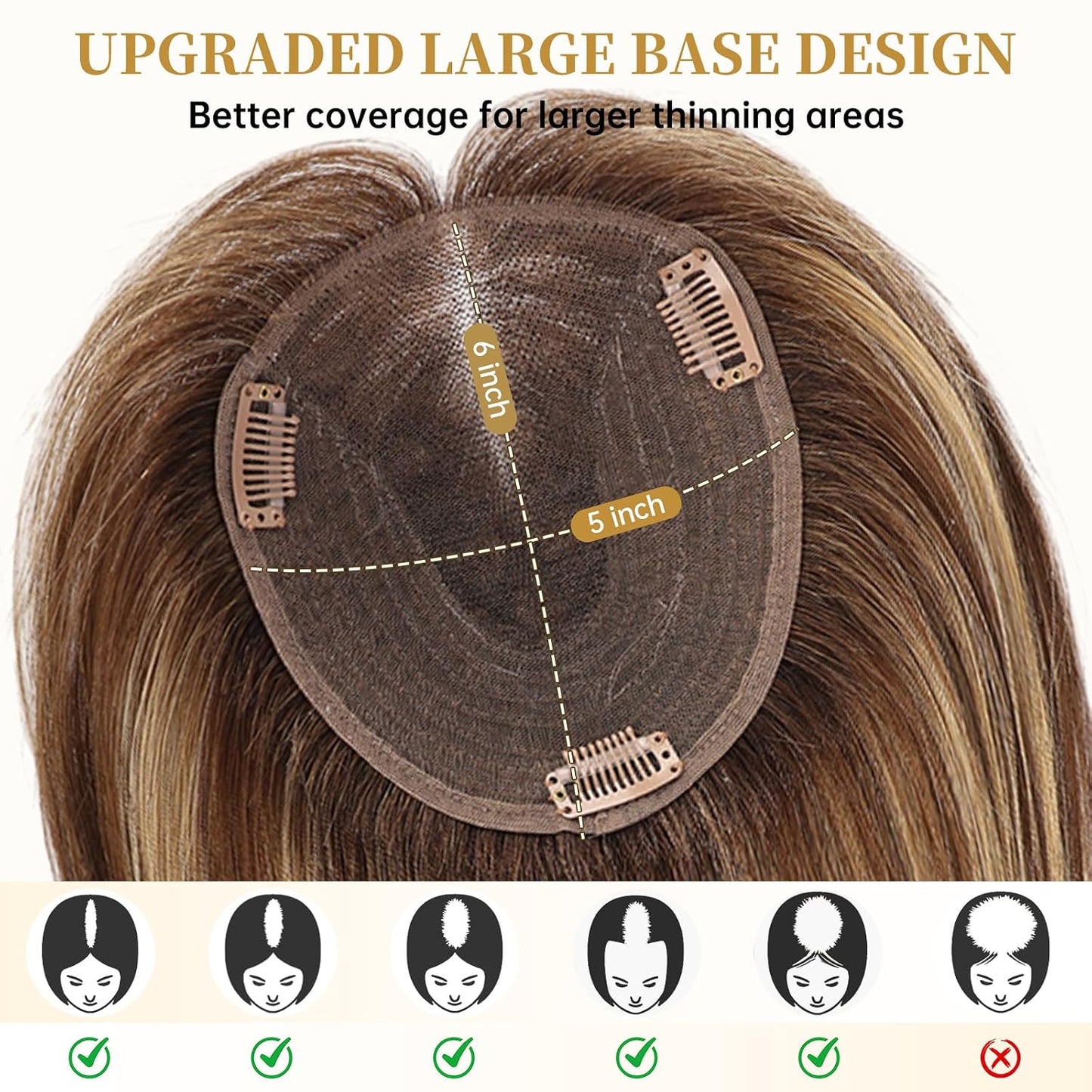 Real Human Hair Toppers for Women - 14-Inch Mixed Brown with Bangs | 6" x 5" Swiss Lace Base