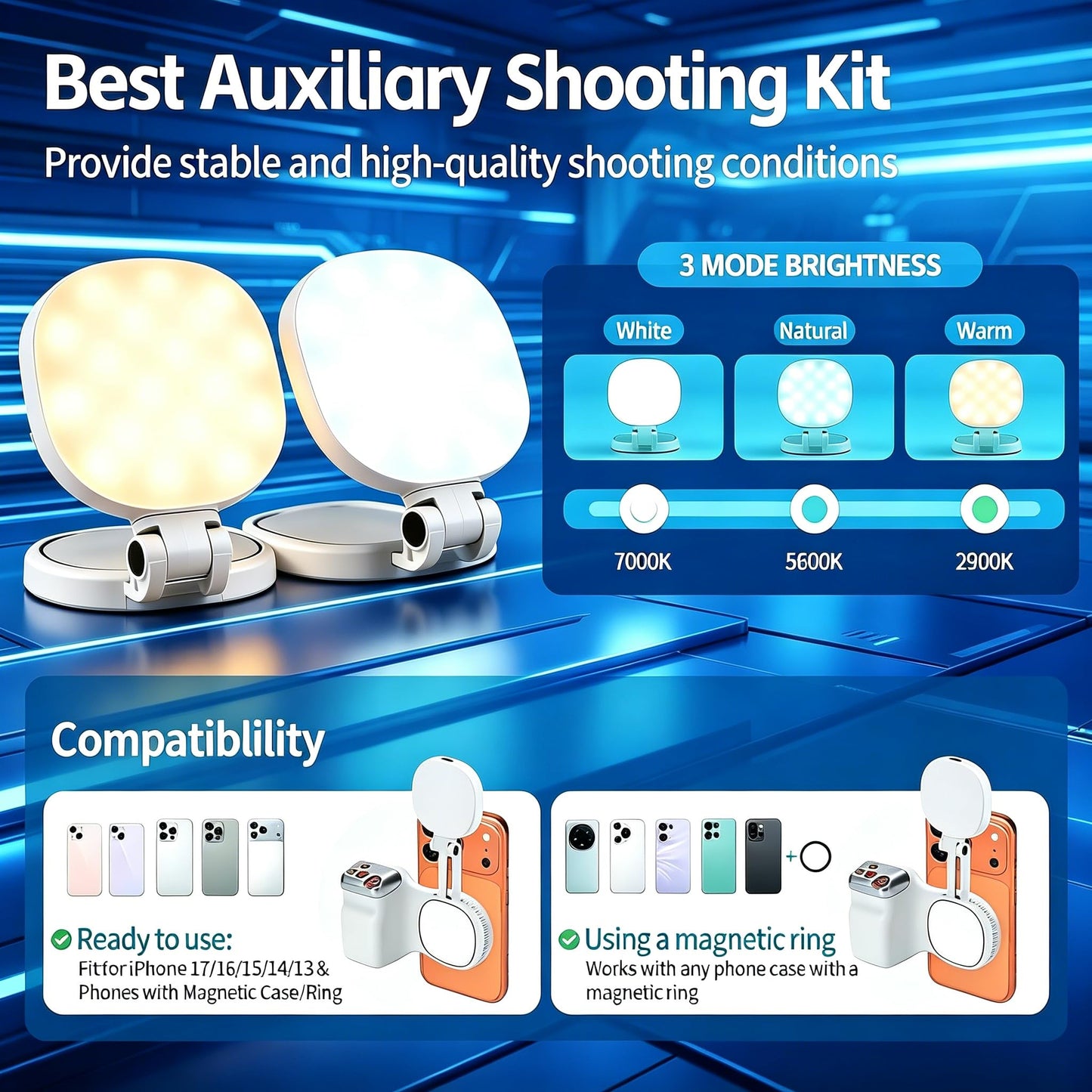 Fun Shot Magnetic Phone Camera Grip + Magnetic Selfie Light (Silver) Bundle Kit Compatible with iPhone Magsafe & Android, Creator Kit for Selfies/Photography/TikTok/Zoom Calls/Video