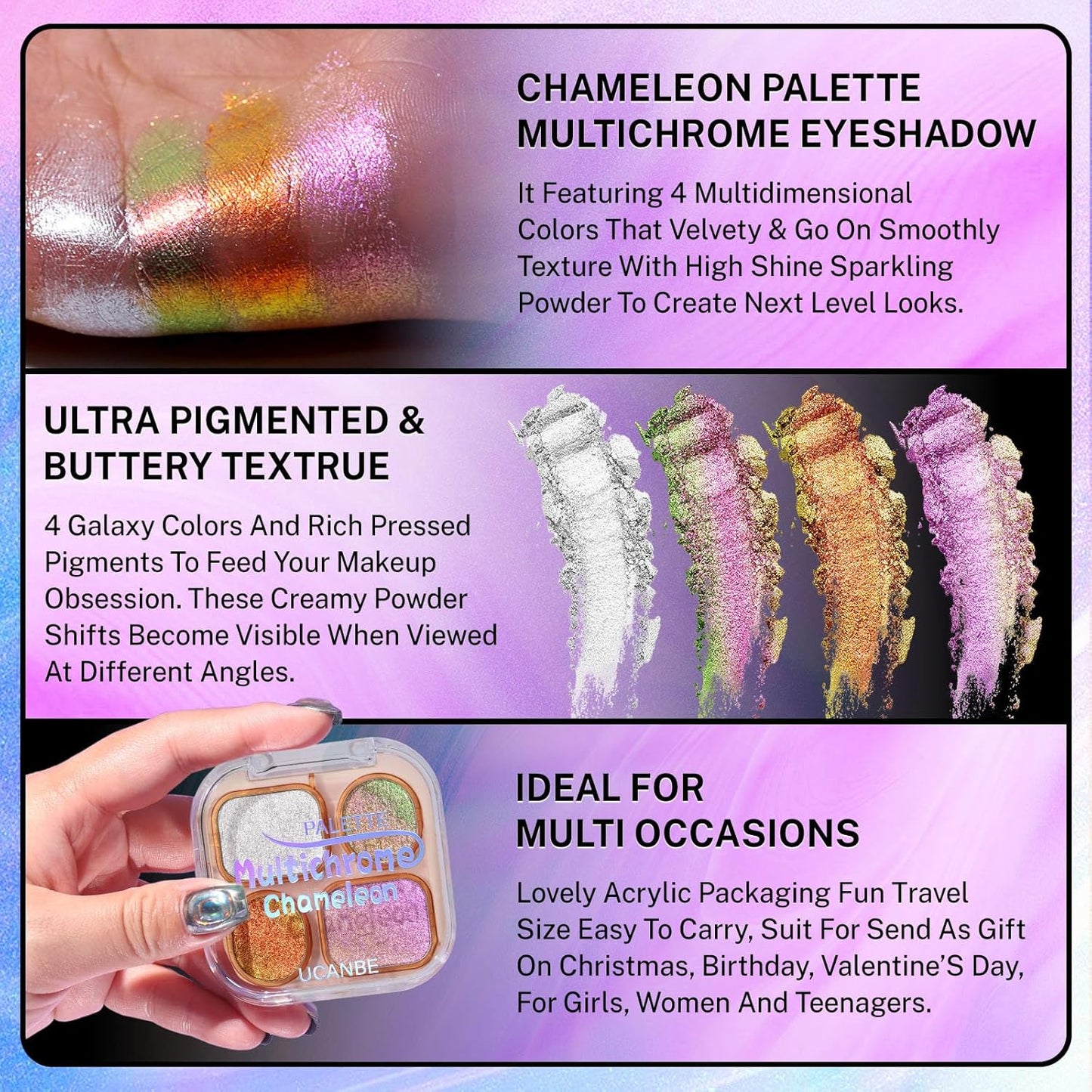 Chameleon Shimmer Eyeshadow Palette - 4 Colors Metallic Glitter | High Pigment Multichrome Eye Makeup Kit