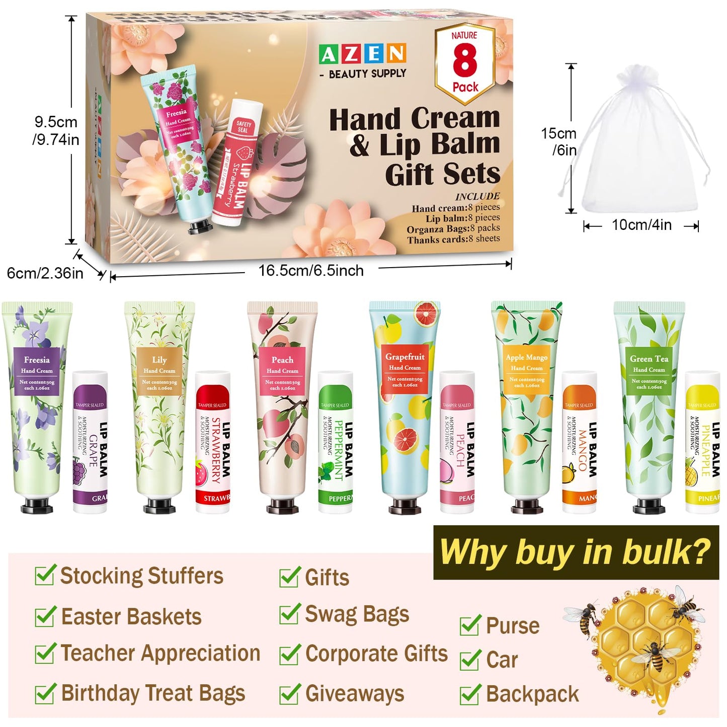 AZEN 8 Sets Bulk Gifts, Hand Cream and Lip Balm Bulk Set with Organza Bag Thank You Card, Baby Shower Wedding Gift for Guests, Bridal Wedding Favors for Guests, Mothers Day Gifts Stocking Stuffers