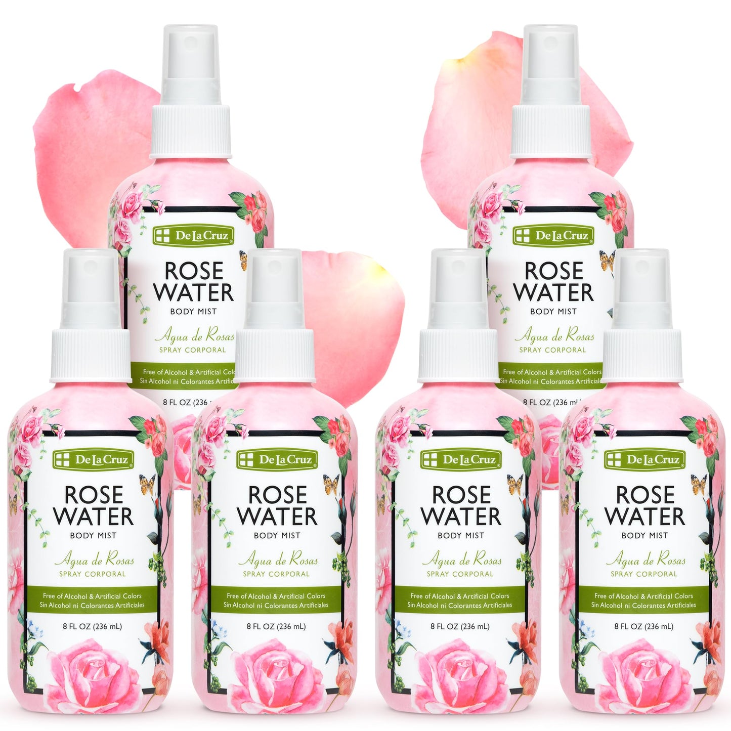 De La Cruz Pure Rose Water Body Mist,Rosewater Spray for Face, Skin & Hair, Rose Toner & Rose Water for Hair Alcohol Free, Paraben Free 8 fl oz (6 Bottles)