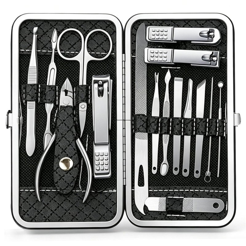 16 Piece Nail Clipper Set, Premium Manicure Pedicure Kit with Travel Case, Stainless Steel Grooming Care Tools for Men & Women, Fingernail & Toenail Clippers for Hand, Foot & Facial Care (Black)