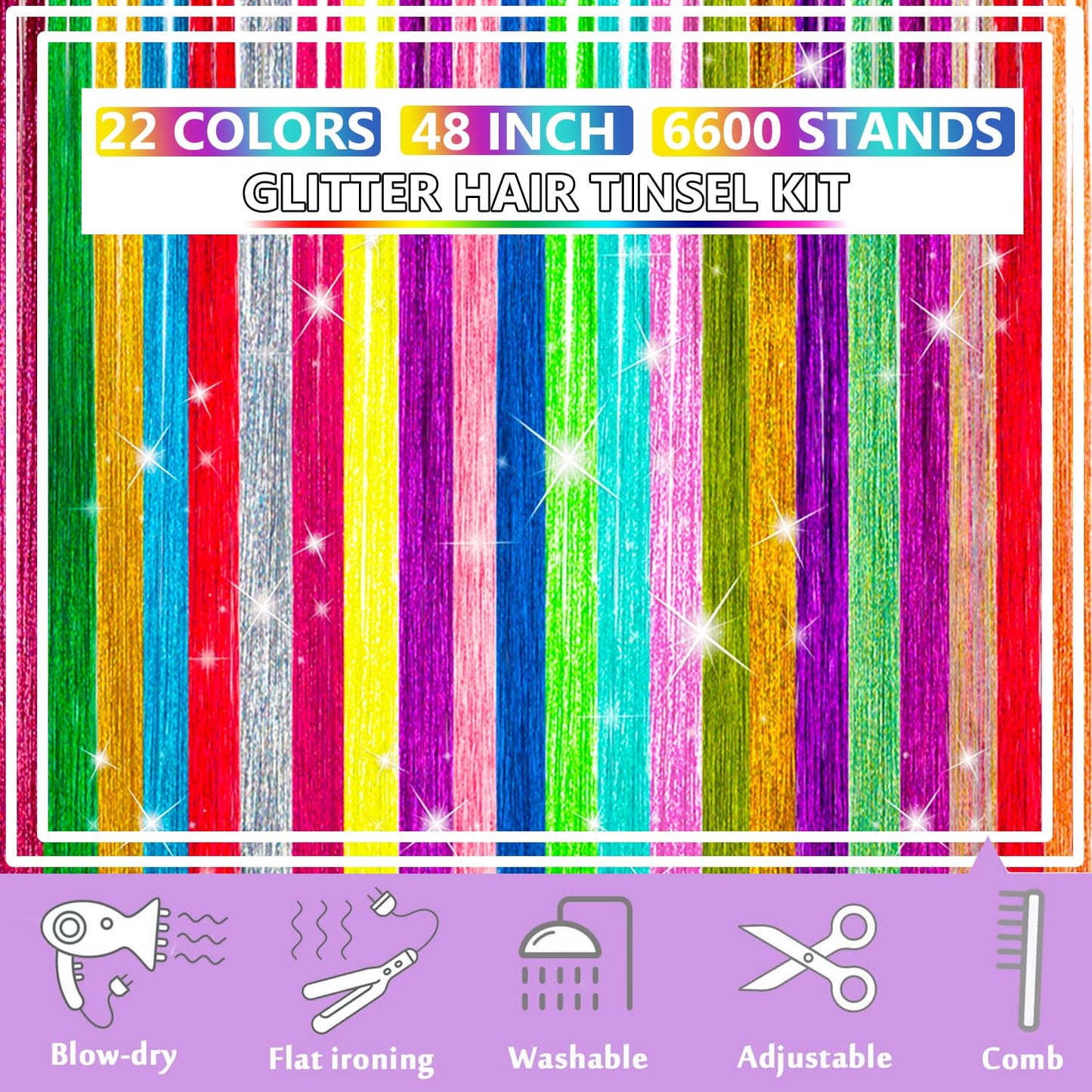 XSASLYET Hair Tinsel, 22 Colors Hair Tinsel Kit for Girls, 8800 Strands