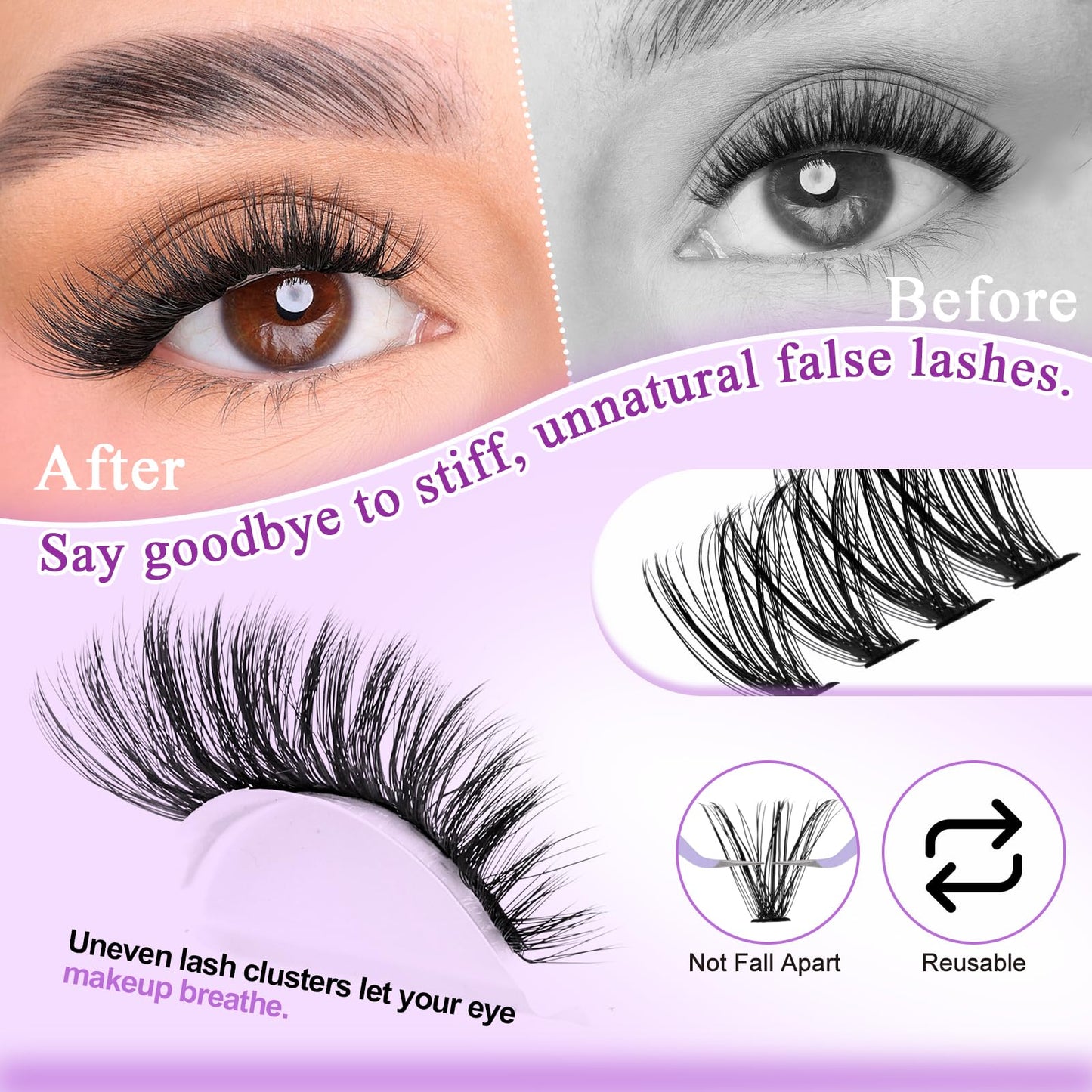 Wendy Lash Clusters Kit With Bottom Lashes 30D+40D+40D+50D+60D+80D 880-Pcs Fluffy Eyelash Clusters D Curl Lashes Extension Soft Eyelash Extension Kit Wispy Natural DIY at Home