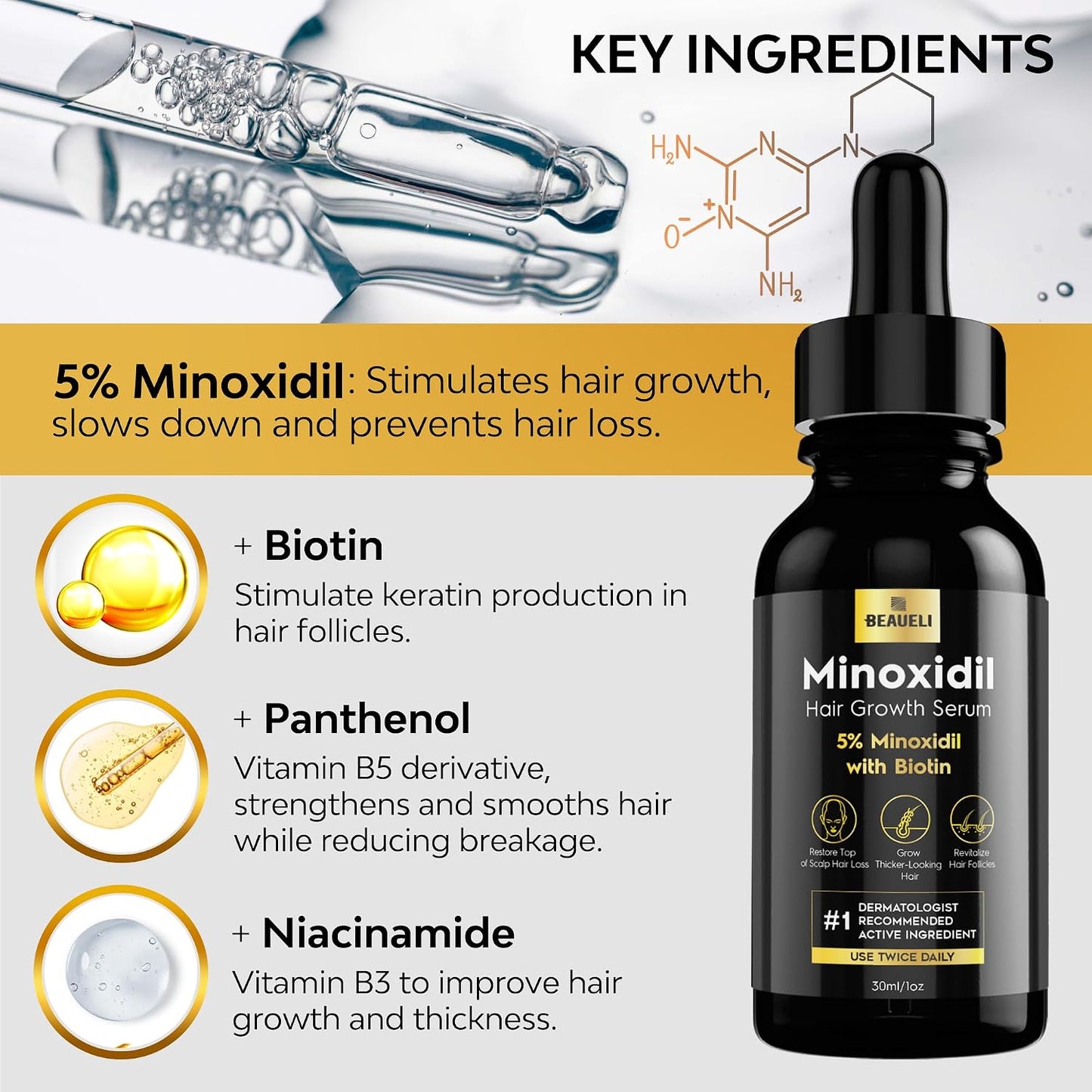 Beaueli 5% Minoxidil for Hair Growth | Unscented Hair & Beard Regrowth Drops, 3 Fl Oz (3 Bottles)