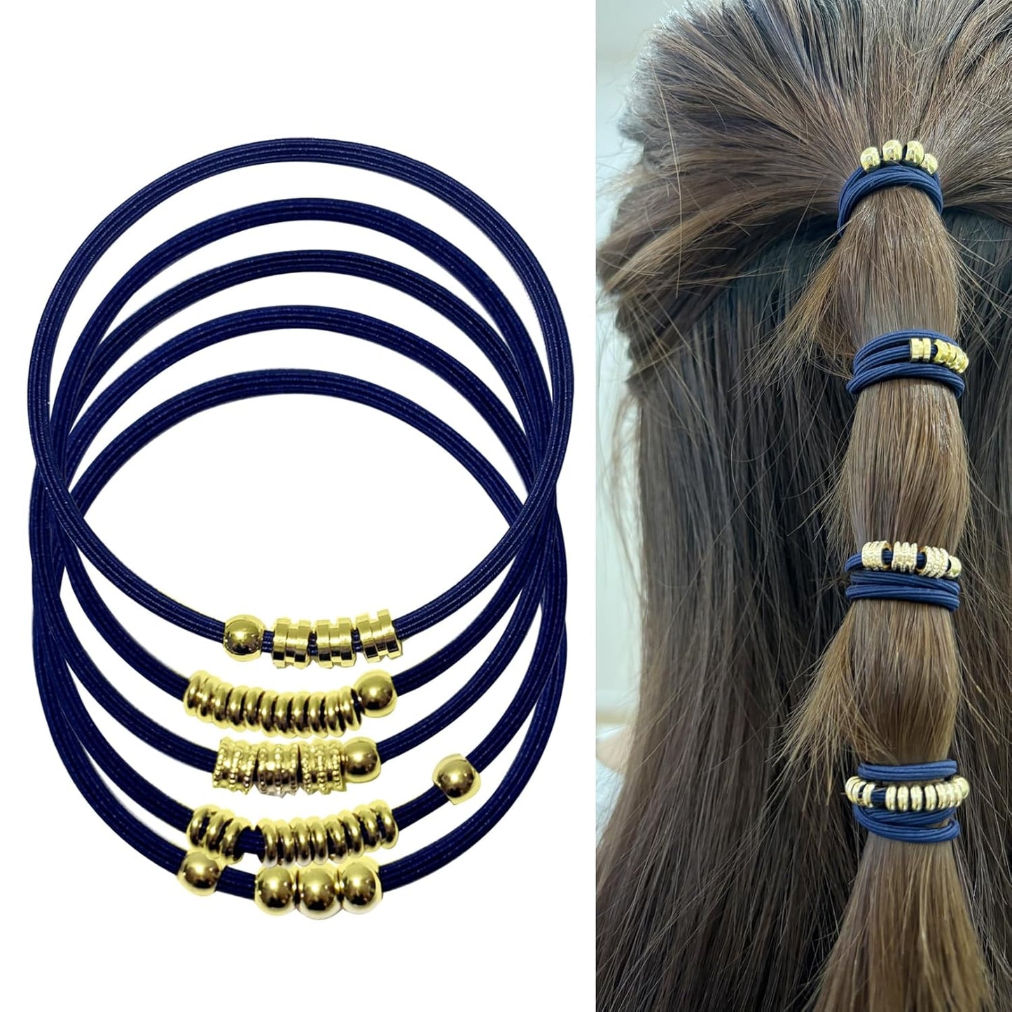 Blonde Boho Hair Ties Bracelet - Trendy Elastic Ponytail Holders with Gold Bead | Ideal for Thick, Thin, Curly Hair (Beige)