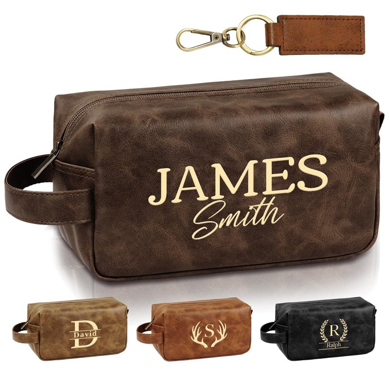Personalized Toiletry Bag for Men, Father Day Gifts Custom Engraved Cosmetic Bag with Name/Initial, Leather Travel Pouch, Gifts for Groomsmen Husband Dad Graduation Birthday Retirement Wedding