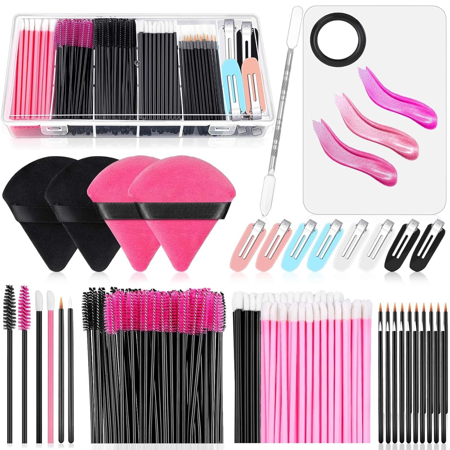 Disposable Makeup Applicators Kit - Triangle Puff, Mascara Wands, Lip Brushes & Hair Clips | Complete Artist Supplies Set