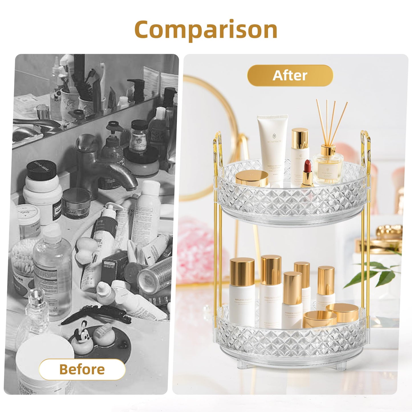 LAREKUN 360 Rotating Makeup Organizer for Vanity, 2Tier Adjustable Perfume Organizer for Dresser, Multi-Function Spinning Cosmetics Skincare Storage for Bedroom, Dresser, Countertop, Clear