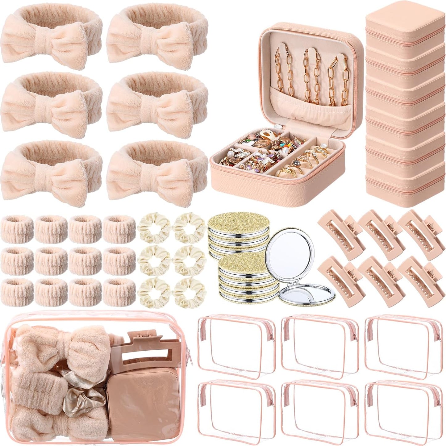 Suncalla 48 Pcs Spa Party Favors | Bridesmaid Proposal Gifts & Sleepover Supplies - Bow Headbands, Scrunchies, Jewelry Case, Makeup Bag, Mirror - Beige
