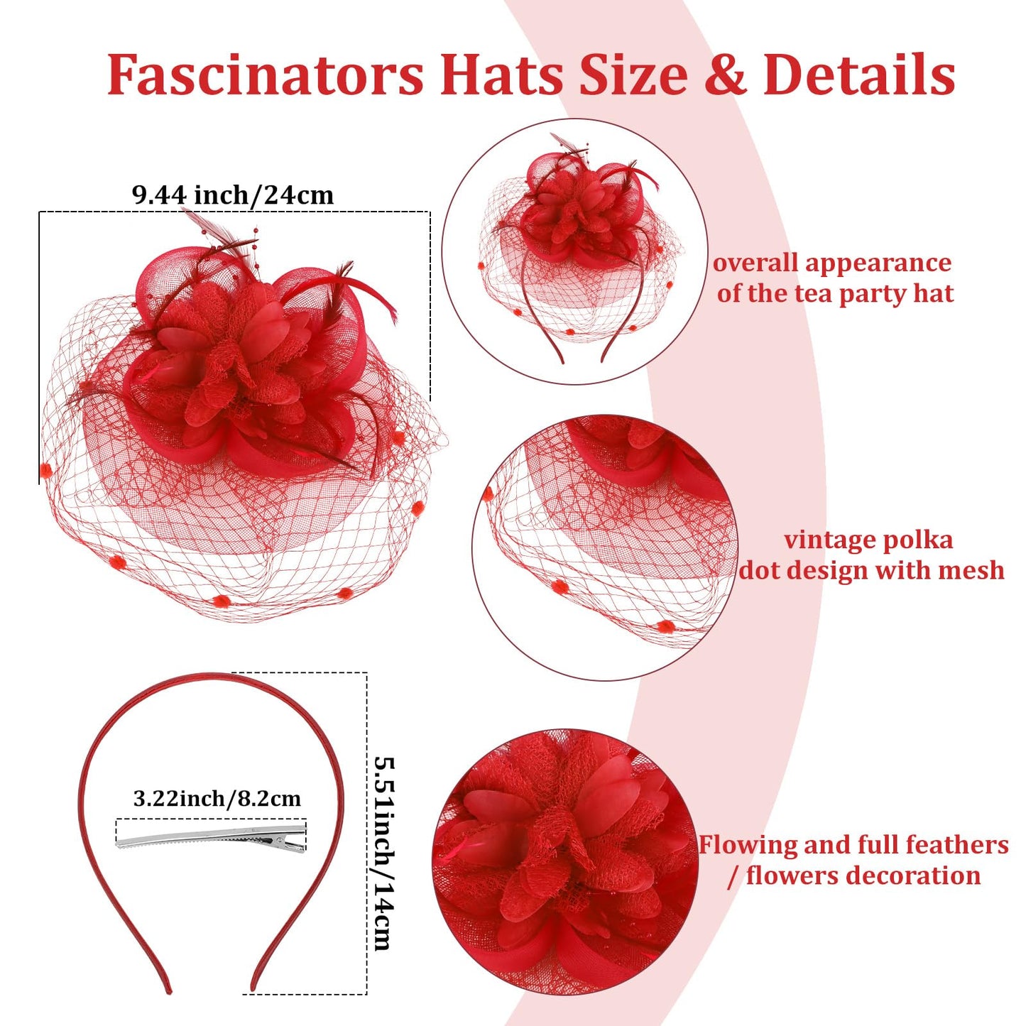 Semato Fascinators Hats for Women Mesh Feathers Elegant Red Tea Party Kentucky Hat Derby Headband with Hair Clip