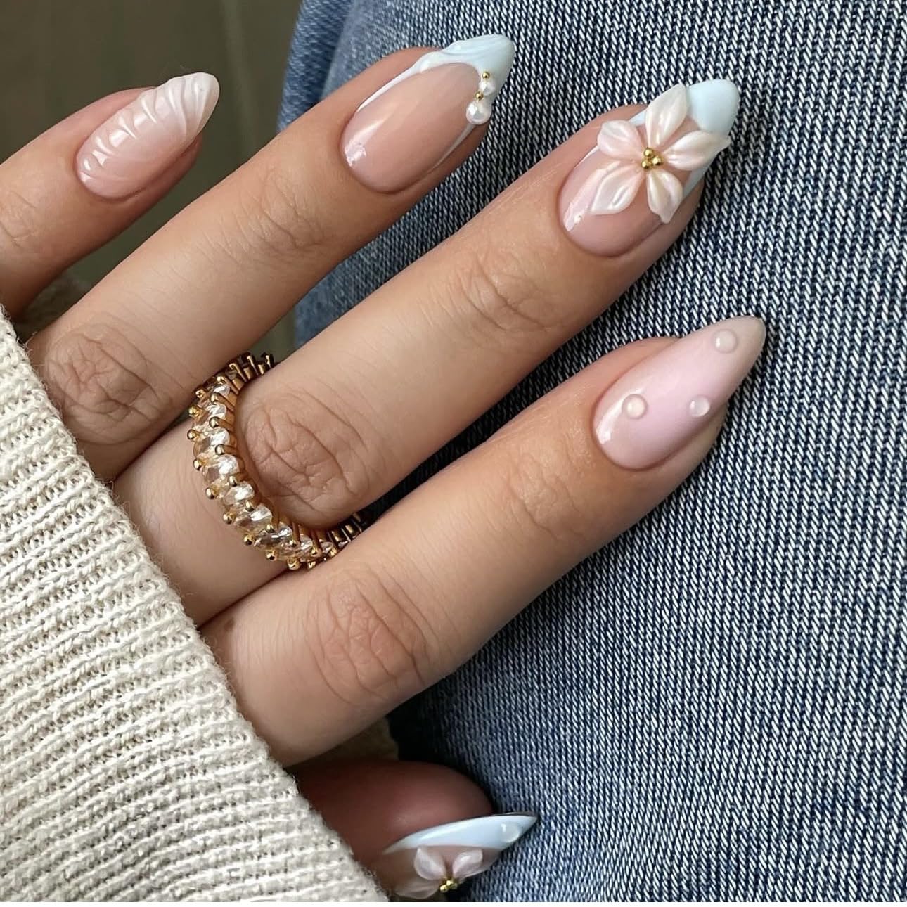 Red French Tip Press-On Nails - Almond Shape with 3D Crystal Designs | 24 Pcs Reusable Nail Kit for Manicure