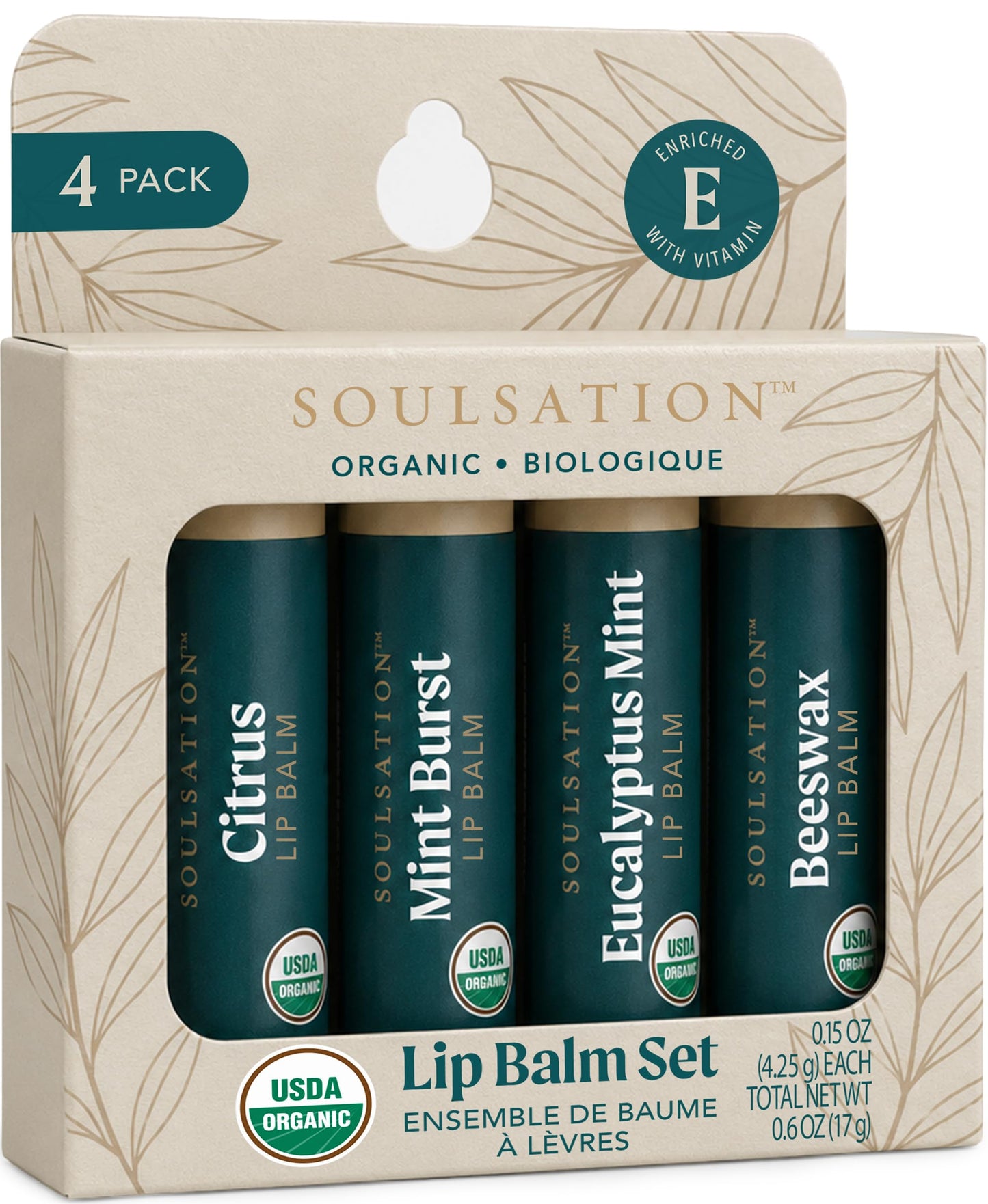 Soulsation Organic Lip Balm Set, 4 Flavors - Moisturizing for Cracked & Dry Lips