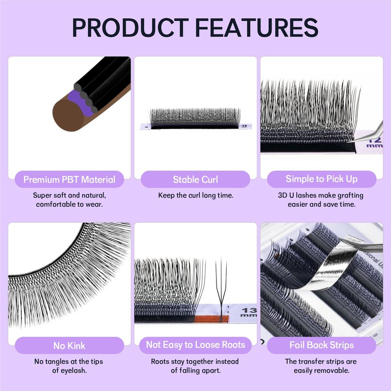 Natuhana 3D U Shape Lash Extensions Easy Fan Russian Volume U Eyelash C/D Curl 0.07mm Natural U Shaped 12 Rows Premade Eye Lashes Supply(Black,0.07C,8-12mm)