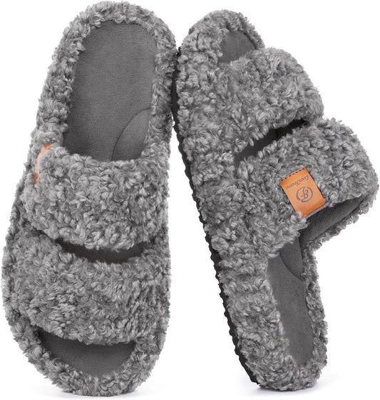 Fuzzy Open-Toe Slippers for Women - Soft Comfy Memory Foam Indoor House Shoes | Cozy Comfort
